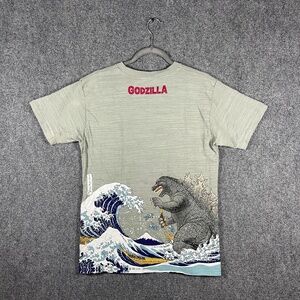 Godzilla Wave Folkart Toho Hokusai Ukiyo-e Graphic T Shirt Gray Size Large *READ